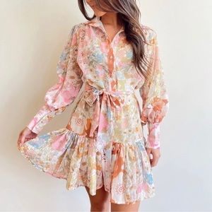 Pink Ripple English Floral Ruffle Garden Long Sleeve Mini Dress Multicolor-Small